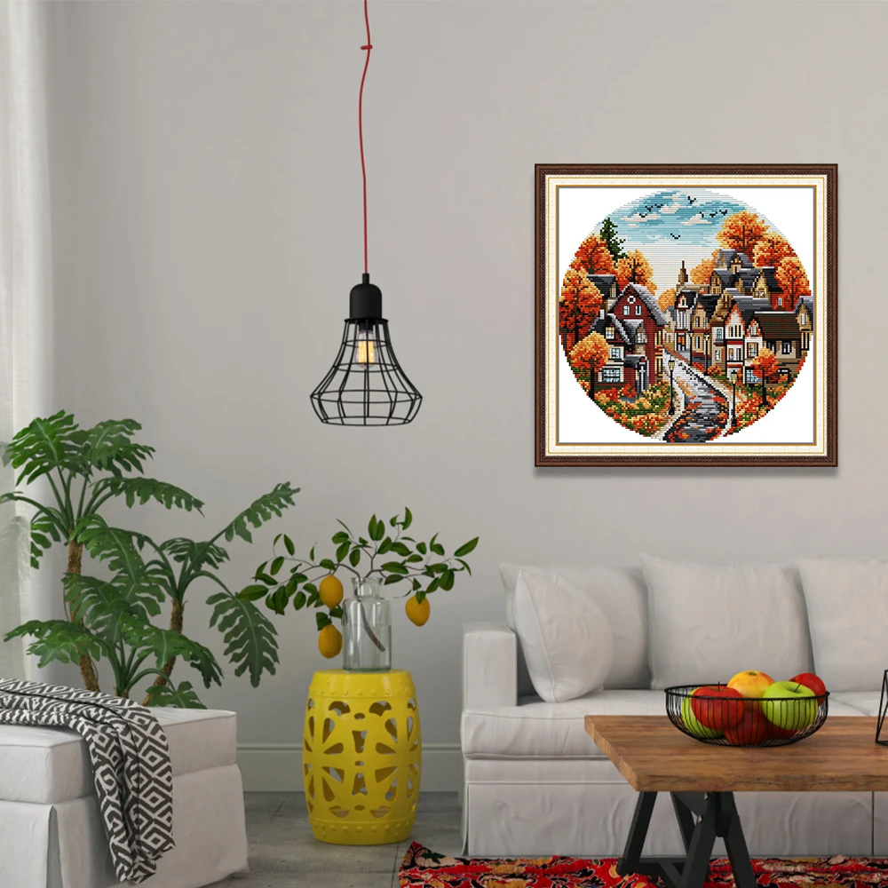 Joy Sunday Cross Stitch Kit Autumn Streets HD 16/14/11CT Counted Printed Canva DIY Hand Embroidery Kit Room Decoration DIY Craft cross stitch kit