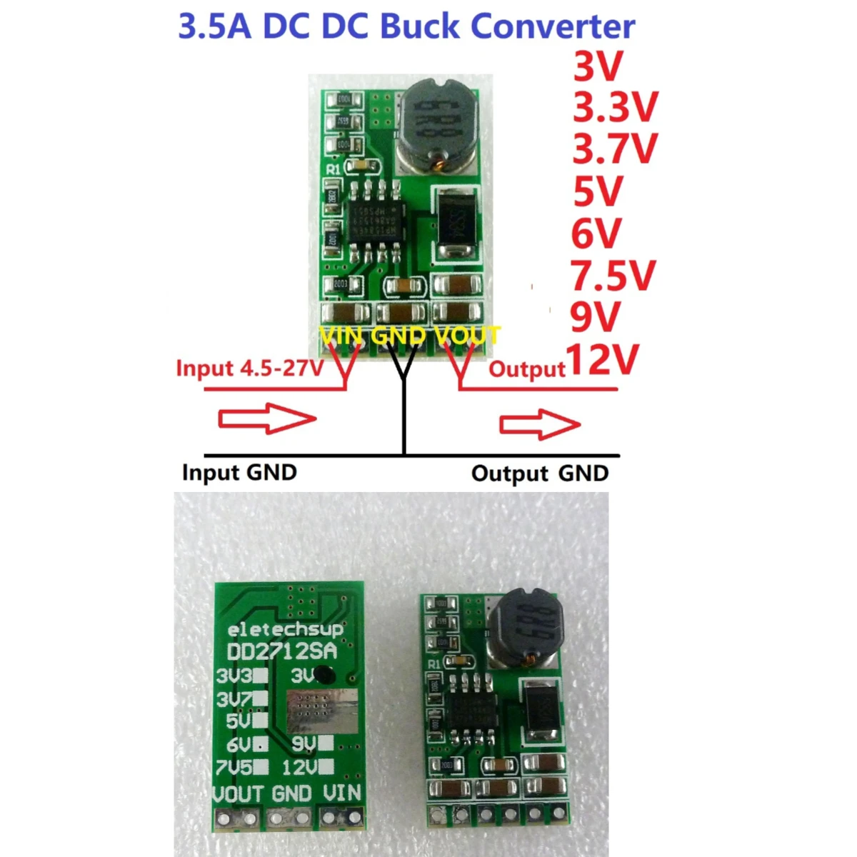 

10X DD2712SA 3.5A DC-DC Converter Module Buck Step-Down Voltage Regulator Board 4.5V-27V to 3V 3.3V 3.7V 5V 6V 7.5 9V 12V