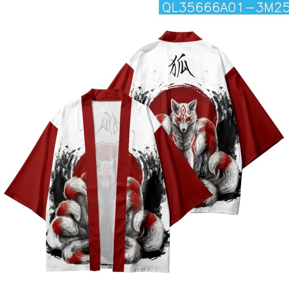 

Summer Cartoon Nine Tailed Fox Printed Kimono Cropped Pants Set Women Men Japanese Haori Streetwear Cardigan Yukata Cosplay