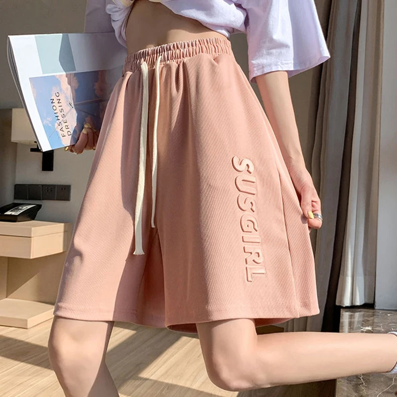 

Gidyq Fashion Letter Print Sports Shorts Women Summer Casual High Waist Ice Silk Loose Shorts Korean All Match Female Bf Pants