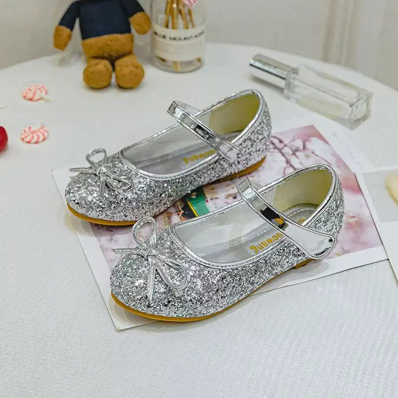 Girls Leather Shoes Kid's Bowknot Flats Princess Sequins Kid's Flats Children's Dance Shoes Size 24-37