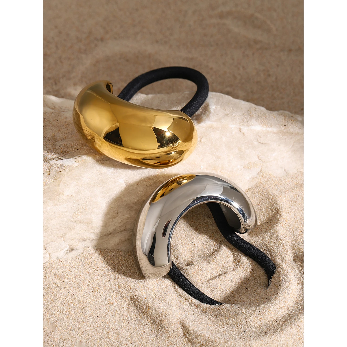 Stainless Steel 18K Gold Plated Wide Glossy U-shaped Curve Small Arc Black Rubber Hairbands Ponytails Curved Buckle Hair Tie