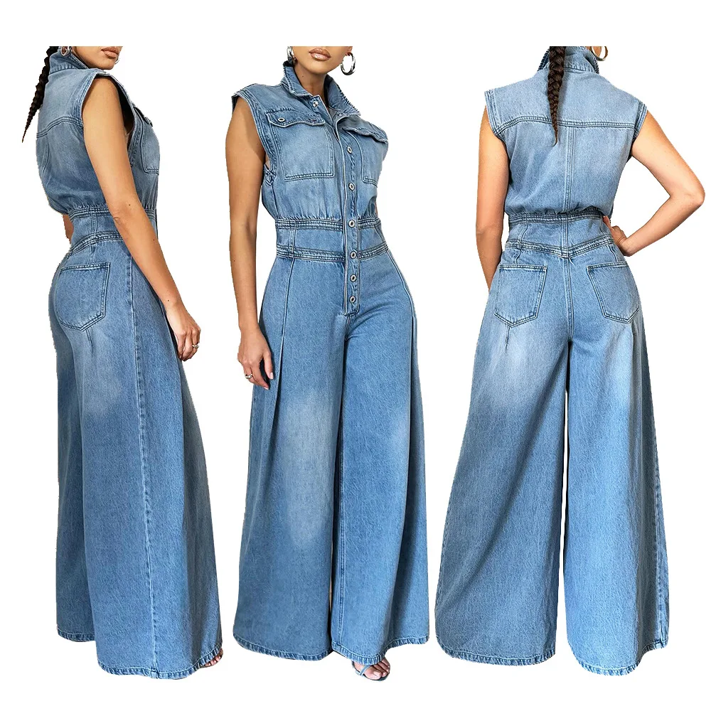 thumbnail image 1 of Monos de mujer de una pieza, pantalones vaqueros, monos sin mangas, cintura alta, cuello vuelto, pierna ancha, pantalones largos, mamelucos, verano 2024, 1 of 4