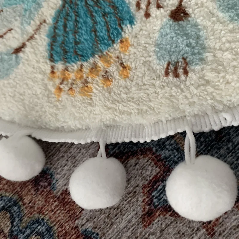 40/60/80/100/120cm Boho Round Carpets Blue Flower Ethnic Print Area Rugs Fluffy Plush Pompom Trim Living Room Bedroom Home Decor