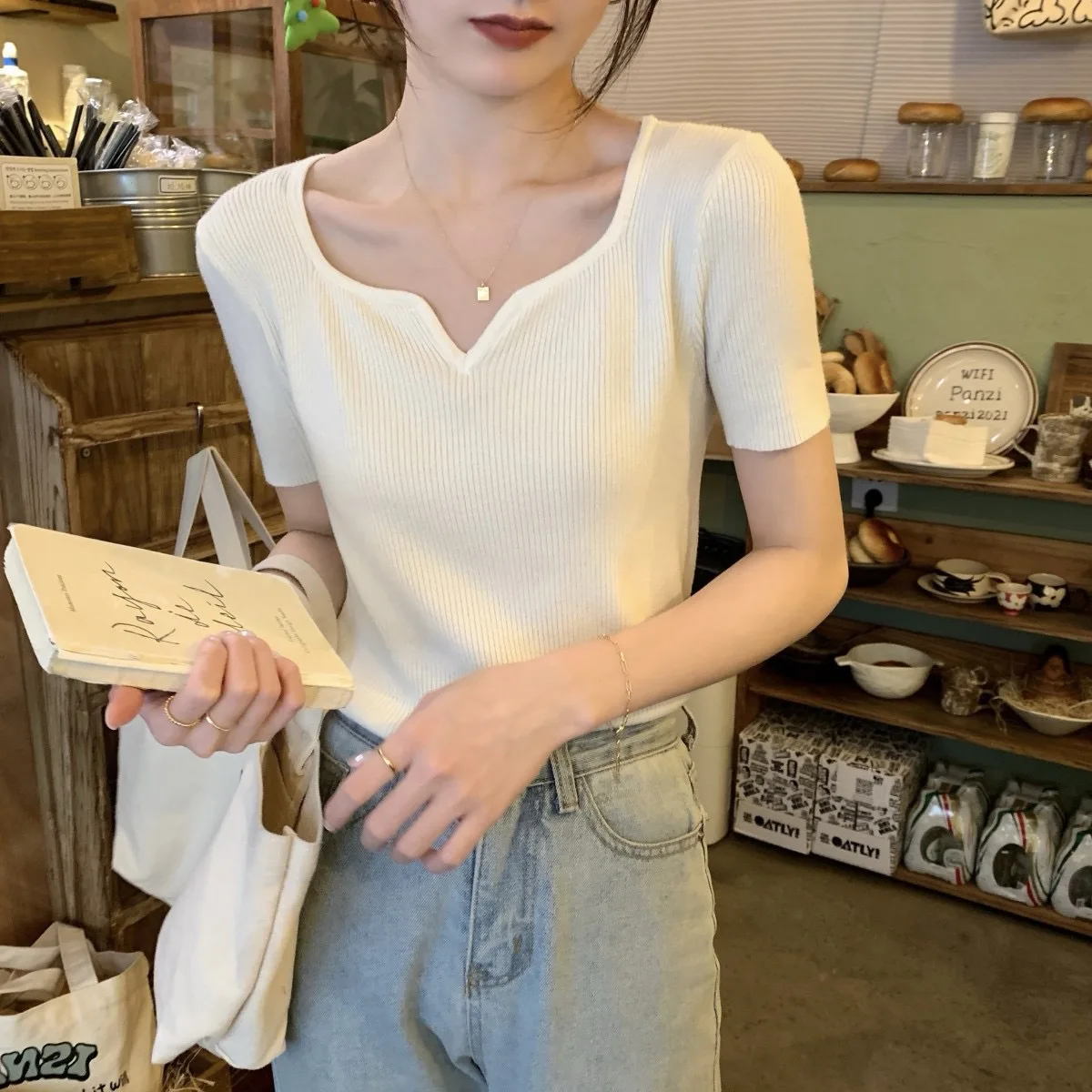 Women Summer Short Sleeve Knitted T Shirt Slim Fit Solid Color