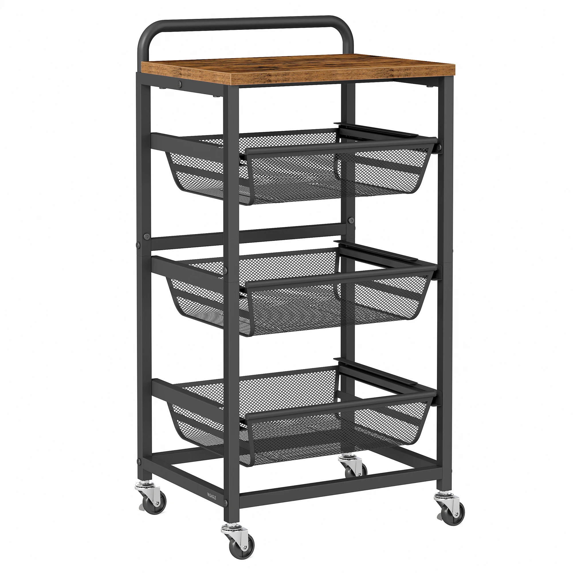 VASAGLE Carrito de Almacenaje de 4 Niveles, con Cestas Extraíbles, Estante de Cocina con Ruedas y Asa, 31,7 x 40 x 76 cm, Marrón Rústico y Negro Tinta/Roble Dorado y Blanco Mate