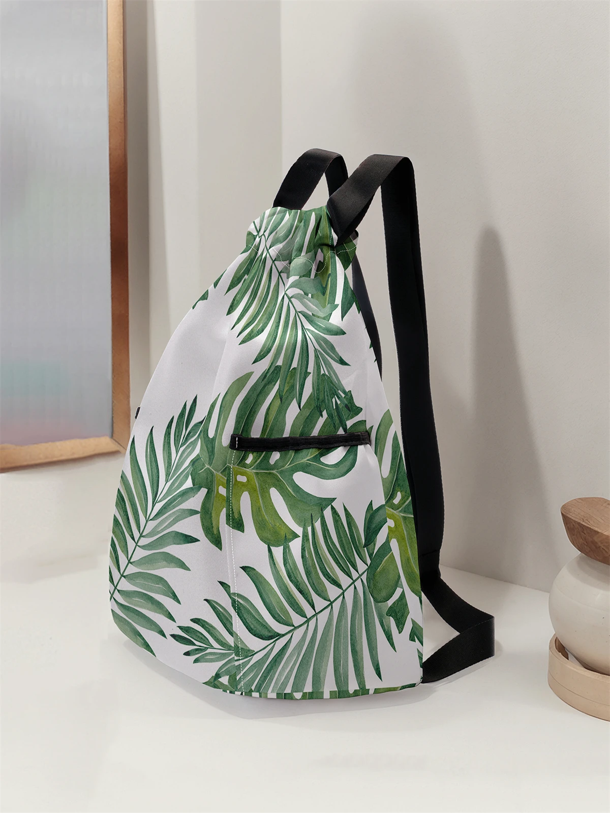 Green Leaf Pattern Drawstring Backpack - Large Capacity Durable Fitness Bag, Adjustable Shoulder Straps, Sports Beach Backpack