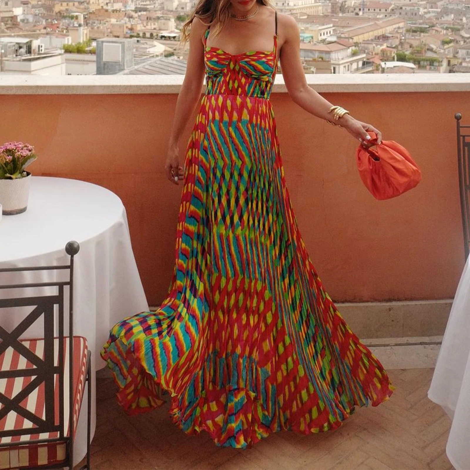Women Boho Smocked Maxi Dress Graphic Sleeveless Spaghetti Strap Backless Flowy Dress Summer Beach Long Slip Dress