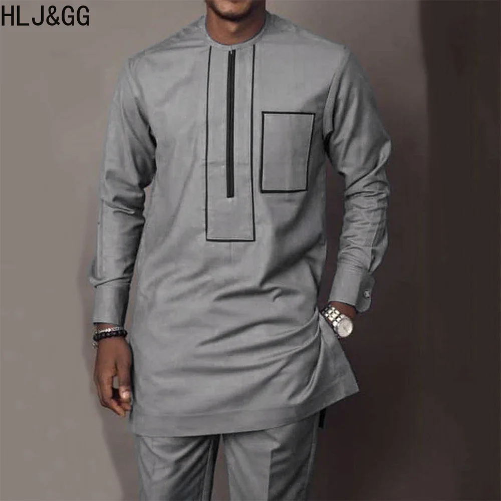 HLJ&GG African Clothing Style Man's Solid Color O Neck Shirts And Pants Suits Male Traditional Outfit National Style 2 PCS Sets