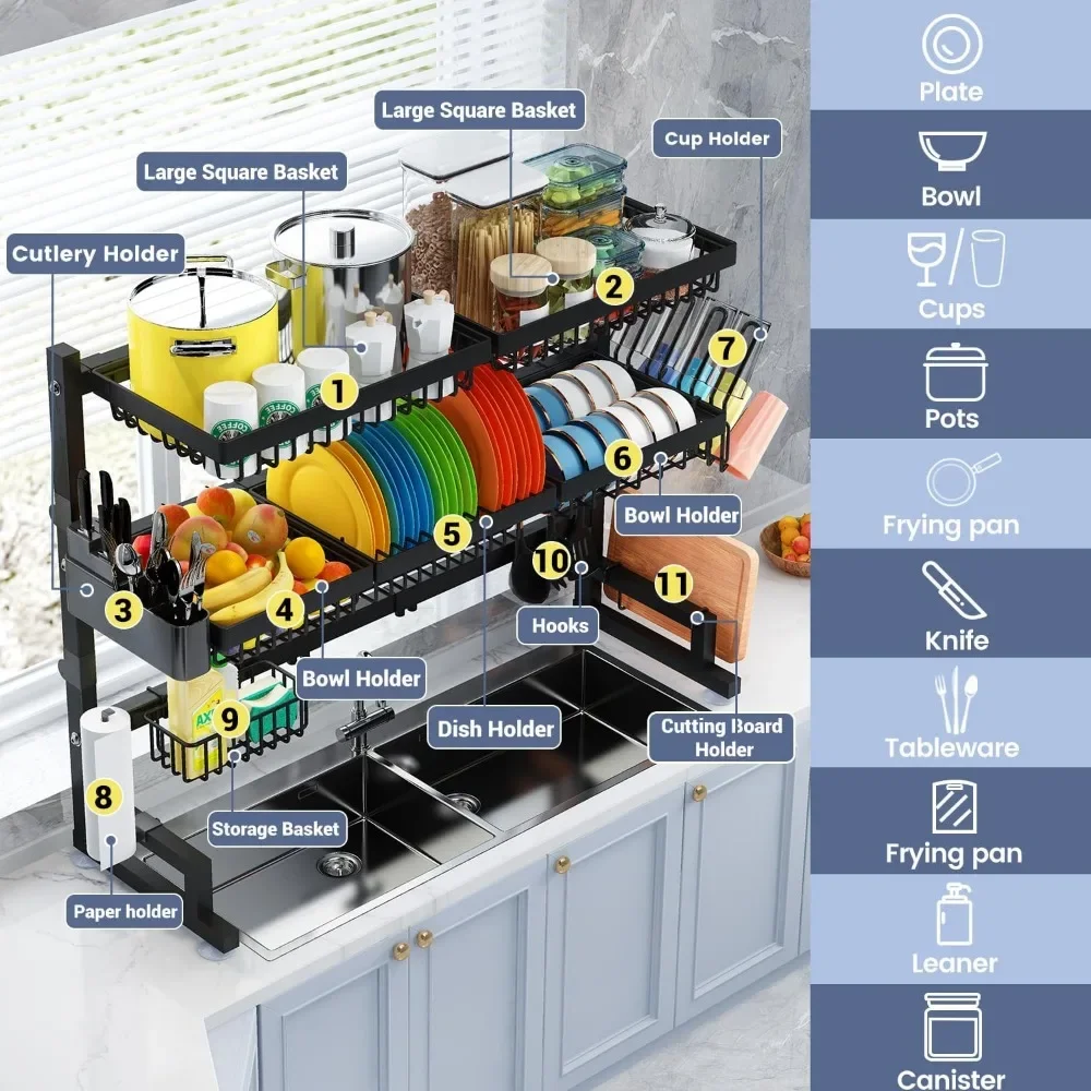Over The Sink Dish Drying Rack (Expandable Height and Length) Snap-On Design 2 Tier Large Dish Rack Stainless Steel 5