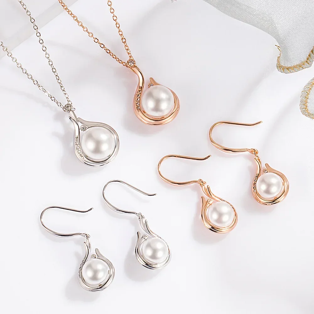 925 Sterling Silver Pearl Pendant Elegant Jewelry Sets For Women Earring Necklace Luxury Quality Jewellery Wholesale Accessories - 2