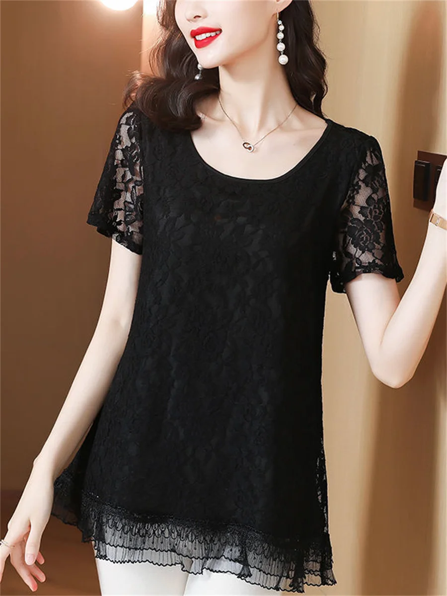 4XL Women Spring Summer Blouses Shirts Lady Fashion Casual Short Sleeve  O-Neck Sexy Lace Embroidery Blusas Tops TT2093