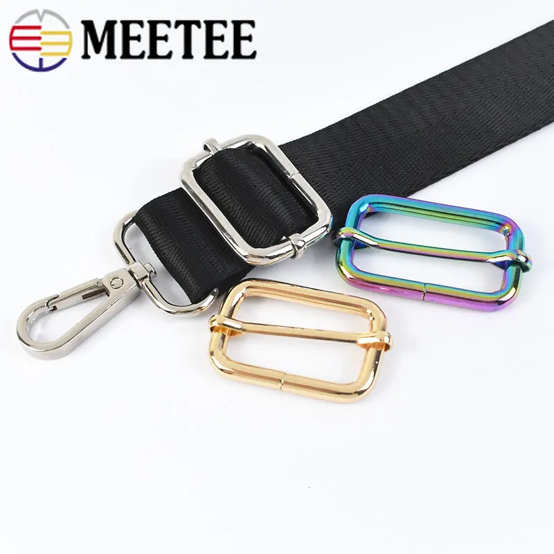 Meetee 5Pcs 13-50mm Metal Pin Buckle Tri-glides Slider Adjuster Clasp Bag Strap Ring Buckles Belt Webbing Hook DIY Accessories