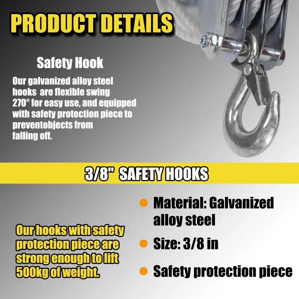Block And Tackle Rope Pulley Hoist 1pc With 5:1 Lifting Power Multifunctional Heavy Duty Pulley System With 2200 Lbs swivel pulley