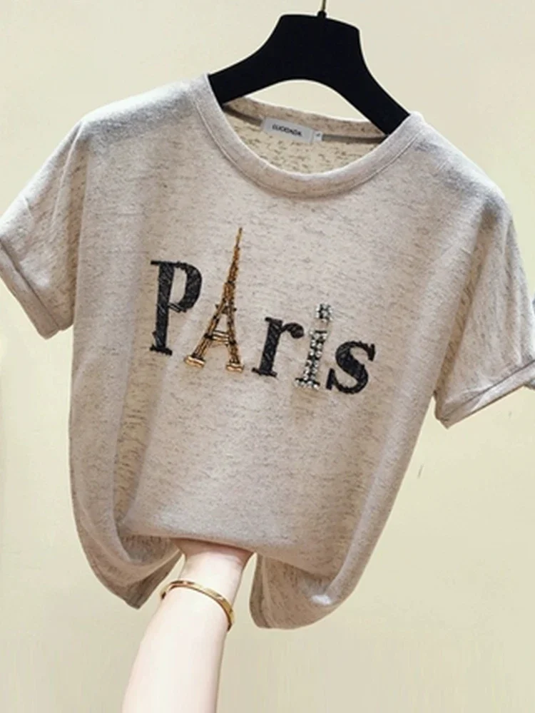 

2024 New Ins Short Sleeve Paris Eiffel Tower Beaded Tshirt Summer New Women Shinny Cotton O Necks Loose Casual Girls Tops Tees