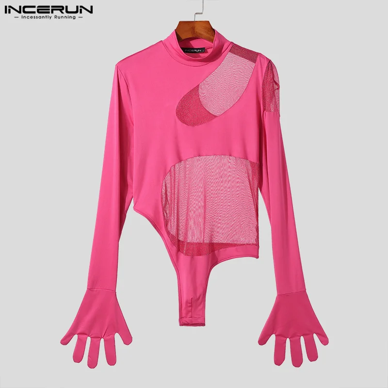 INCERUN 2024 Sexy Men Rompers Hollow Patchwork Mesh Half High Neck Jumpsuits Fashion Thin Long Sleeved Triangular Bodysuit S-3XL