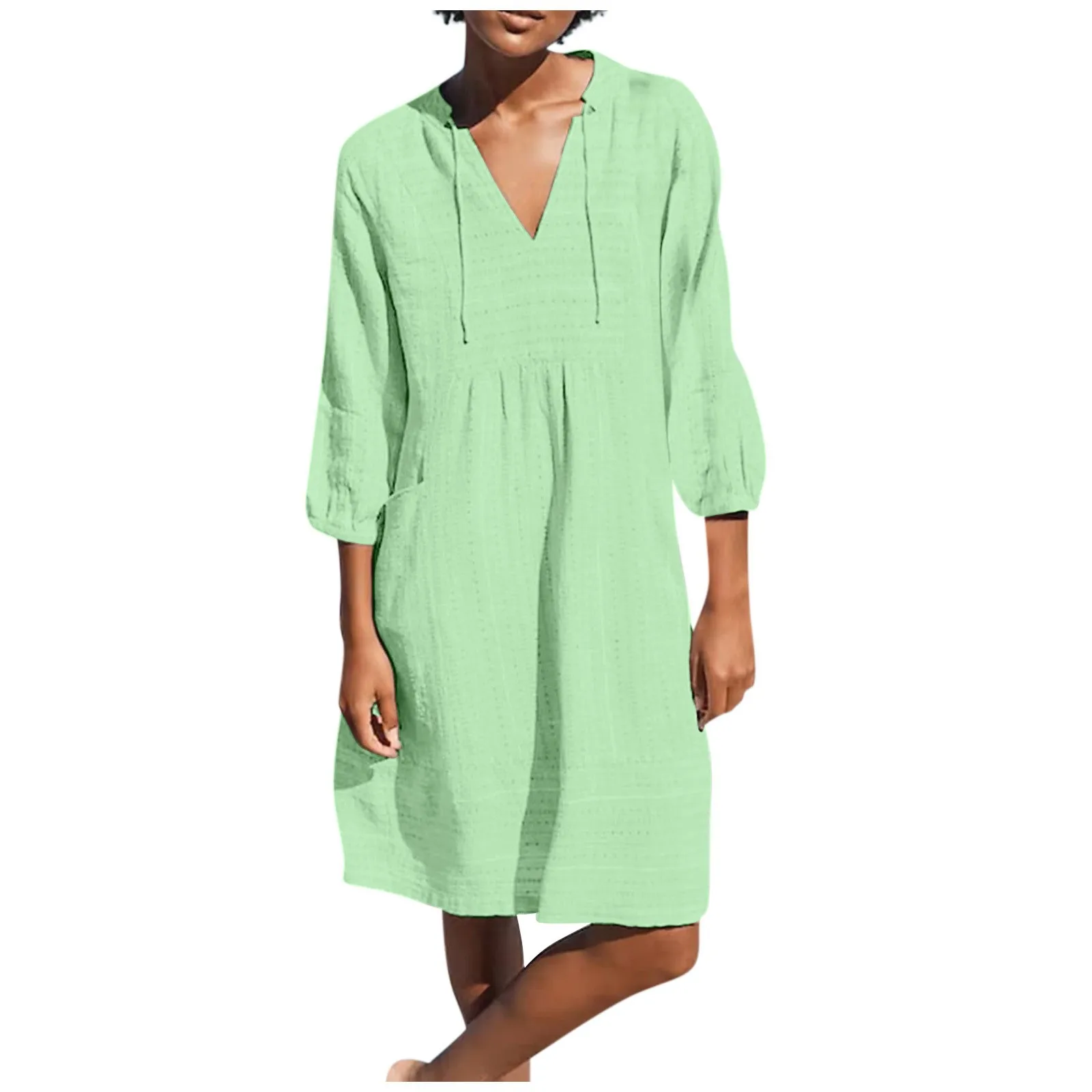 

Women's Solid Color Cotton Linen Dress With V-neck Casual Loose Pocket Dress Party Dress Summer فساتين طويلة платье летнее