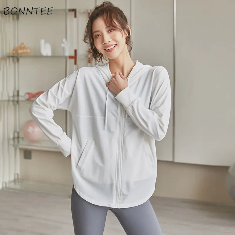 

Sporty Hooded Jackets Women Breathable Joggers Pockets Chic Comfort Casual Pure All-match College Girls Long Sleeve Outwear Ins