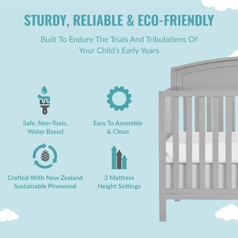 5 in 1 Convertible Crib in Pebble Grey, JPMA & Greenguard Gold Certified, Built of Sustainable Pinewood 3