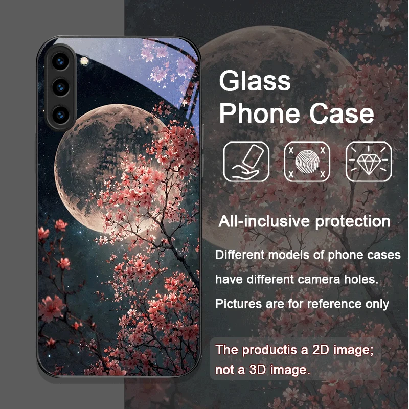 Retro Scenery Moon Cherry Blossom Tempered Glass Phone Case for Samsung Galaxy S25 Ultra S24 S23 S10 Plus S22 S21 S20 FE Covers 3