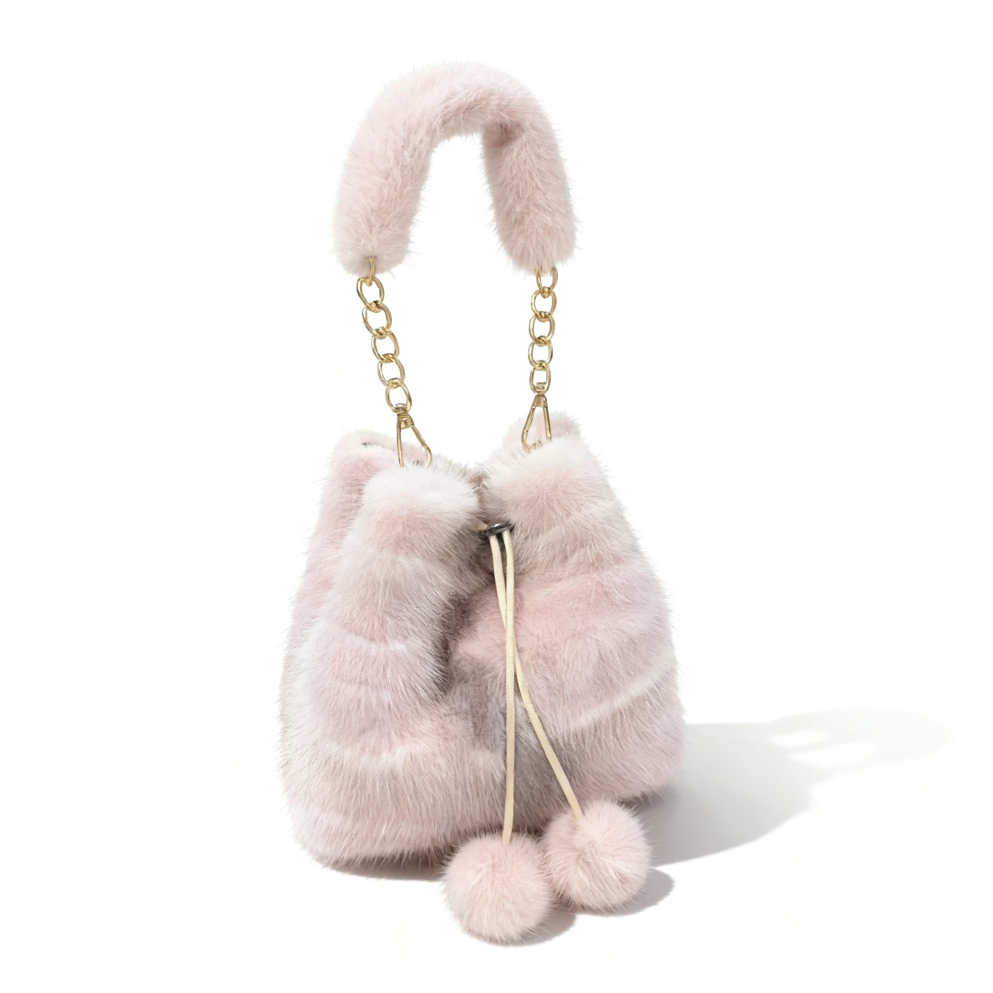 Women's Fashionable Plush bucket Tote Bag High-end Pleated Mink fur Shoulder Crossbody Bag Commuter Bag with Metal Chain