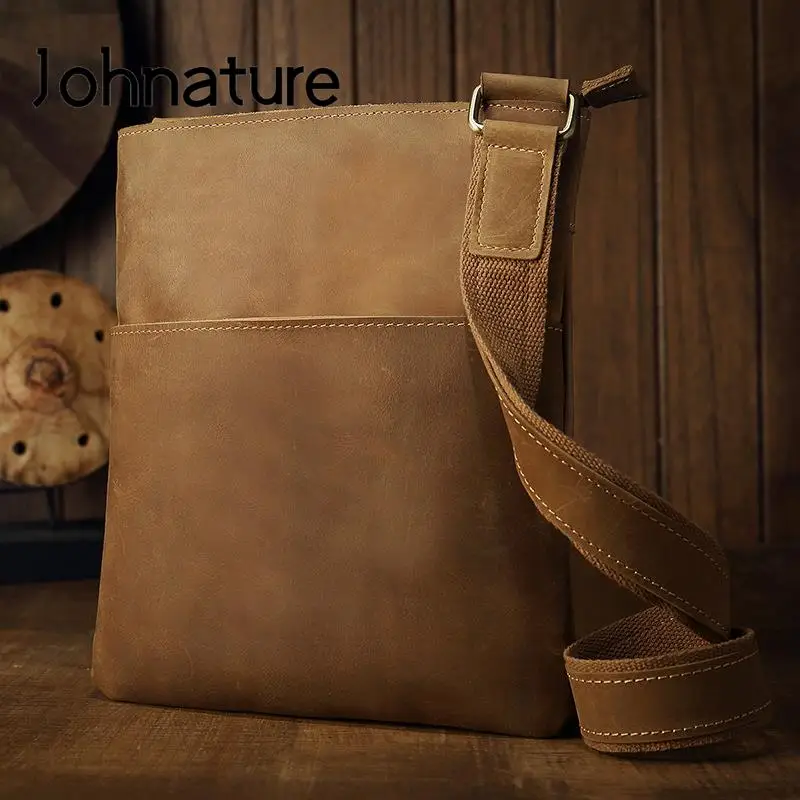 Johnature 2024 nuova borsa a tracolla da uomo in pelle di cavallo pazzo fatta a mano Vintage Versatile borse a tracolla in vera pelle di vacchetta naturale