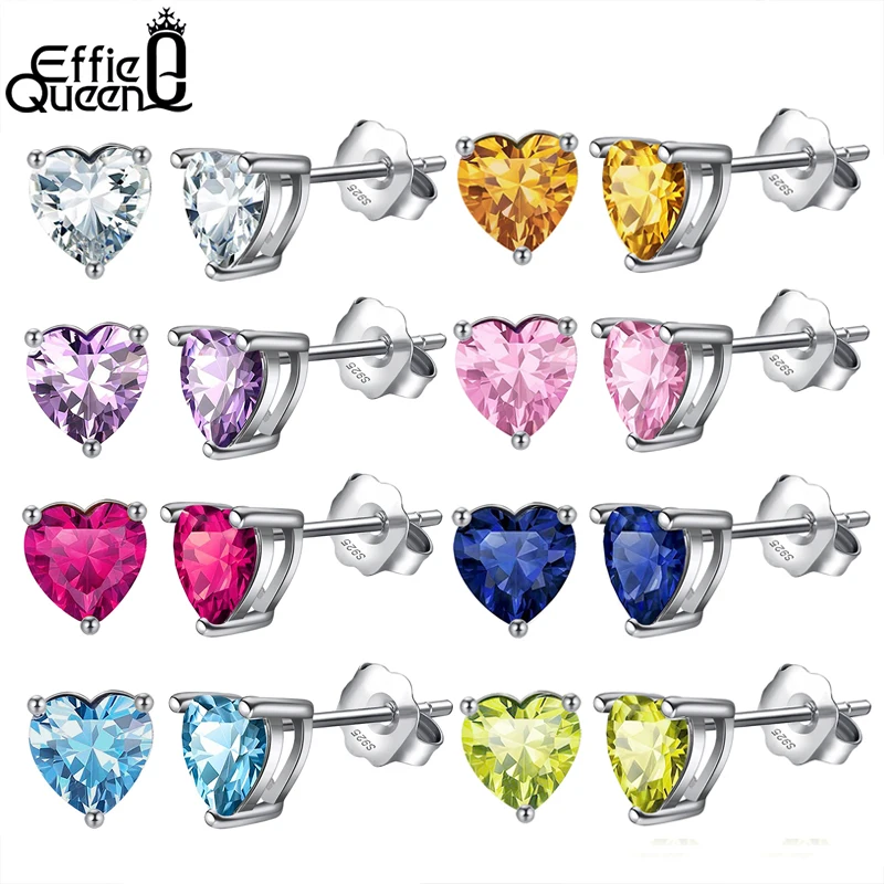 Effie Queen Real 925 Sterling Silver Heart Birthstone Orecchini 12 Colori Heart Cut Aaaa Cubic Zirconia Orecchini Regali Ape32