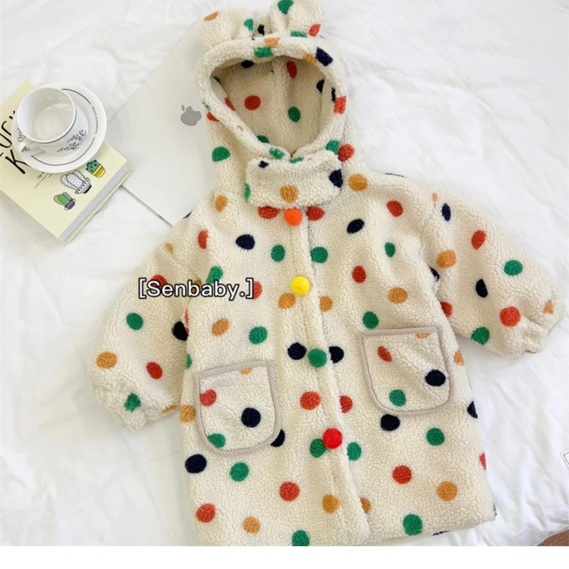 

Girls' Coat New Korean Girls' Polka Dot Cashmere Cute Bear Ear Hooded Coat Girl Winter Clothes Winter Coat