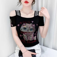 New European Clothes Ladies T-Shirt Fashion Sexy Off Shoulder Shiny Cartoon Mesh Diamond Tops Summer Short Sleeve Women Tees