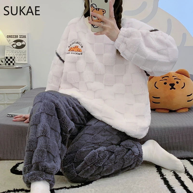 SUKAE-Conjunto de Pijama de terciopelo chino para mujer, ropa de dormir  supergruesa, elegante, coreana, de peluche, térmica