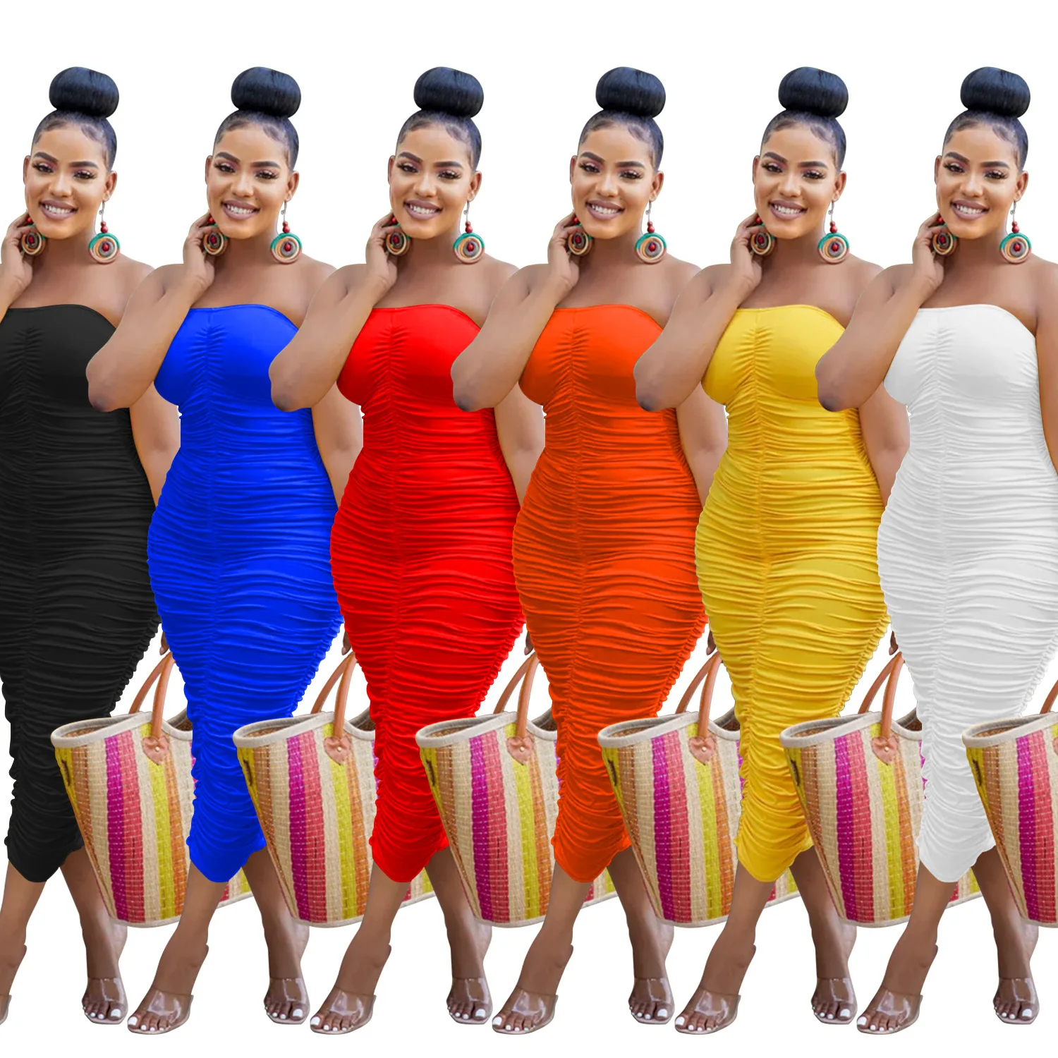

EINYOO Zevity Fashion Women's Off Shoulder Party Pleated Prom Midi Skirt Evening Sleeveless Bodycon Formal Long Dress Traf Y2K