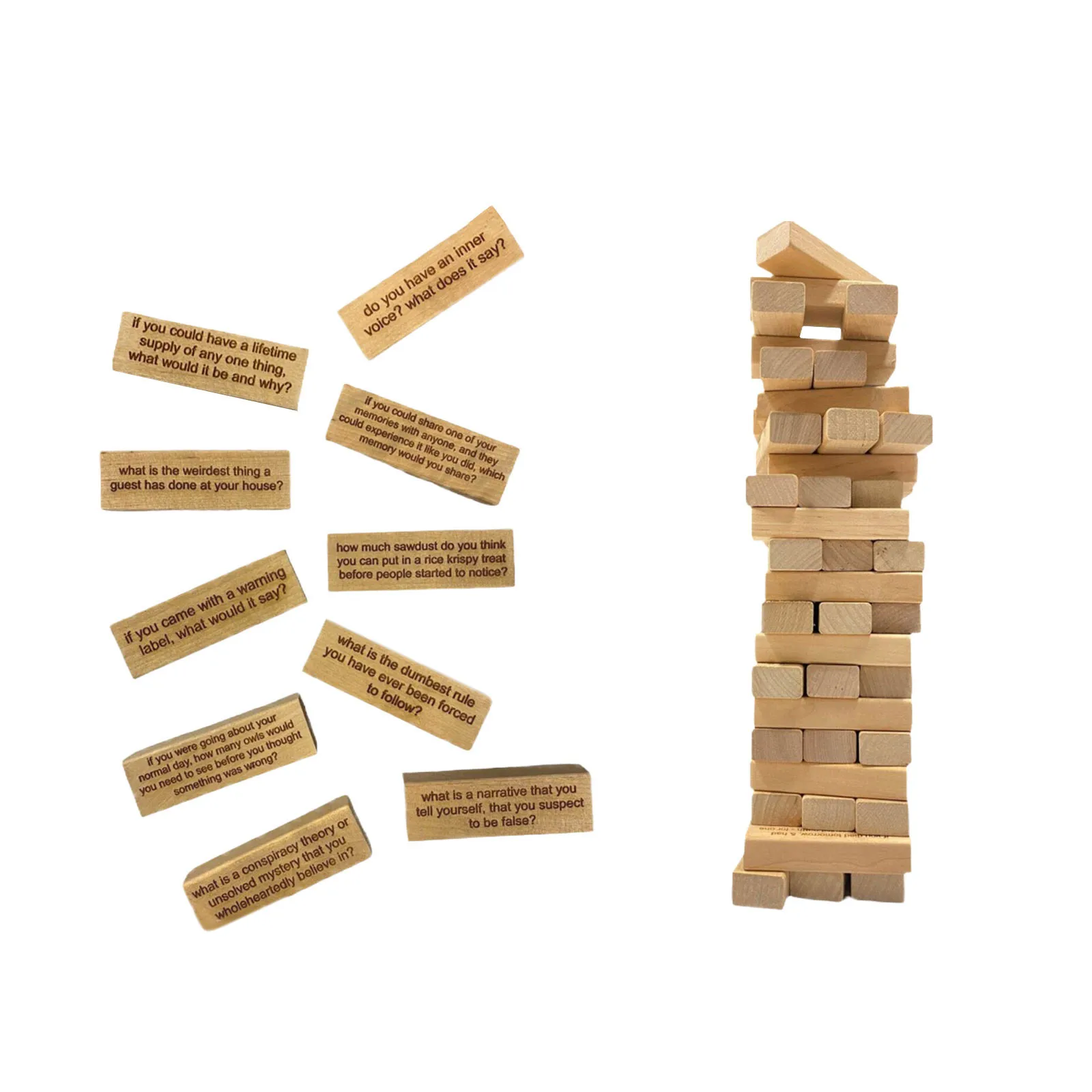 54pcs Ice Breaker Questions Tumbling Tower Game, Wooden Stacking Tower Games, For Team Party & Family Game Night 2