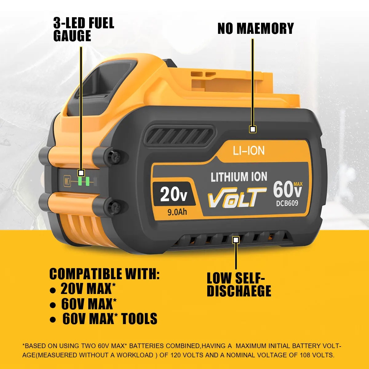 Powtree 9.0Ah MAX Replacement Li-ion Battery for Dewalt 20V/60V/120V DCB606  DCB609 DCB205 DCB204 DCB206 DCB209 DCB182 PowerTool