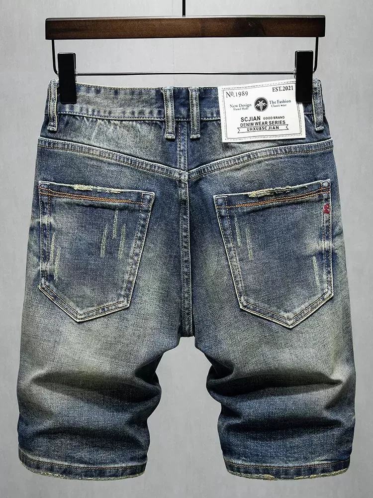 Summer Fashion Men Jeans Retro Blue Washed Elastic Slim Fit Ripped Short Jeans High Quality Vintage Designer Denim Shorts Men