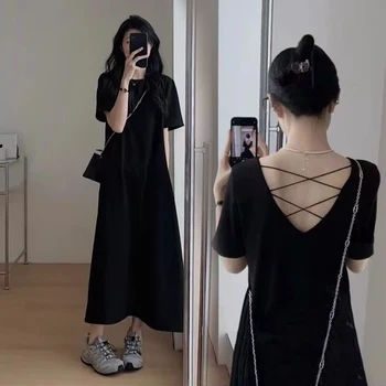 2025 Summer Korean Style Maternity Dress Short Sleeve Backless Pleated Pregnant Woman Cotton Dress Side Split Pregnancy Dresses
