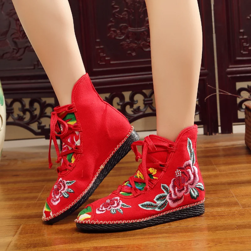 Vintage Flower Embroidered Women Canvas Boots Hidden Wedge Heel Ladies Platforms Shoes Comfort Booties Retro Boats De Mujer
