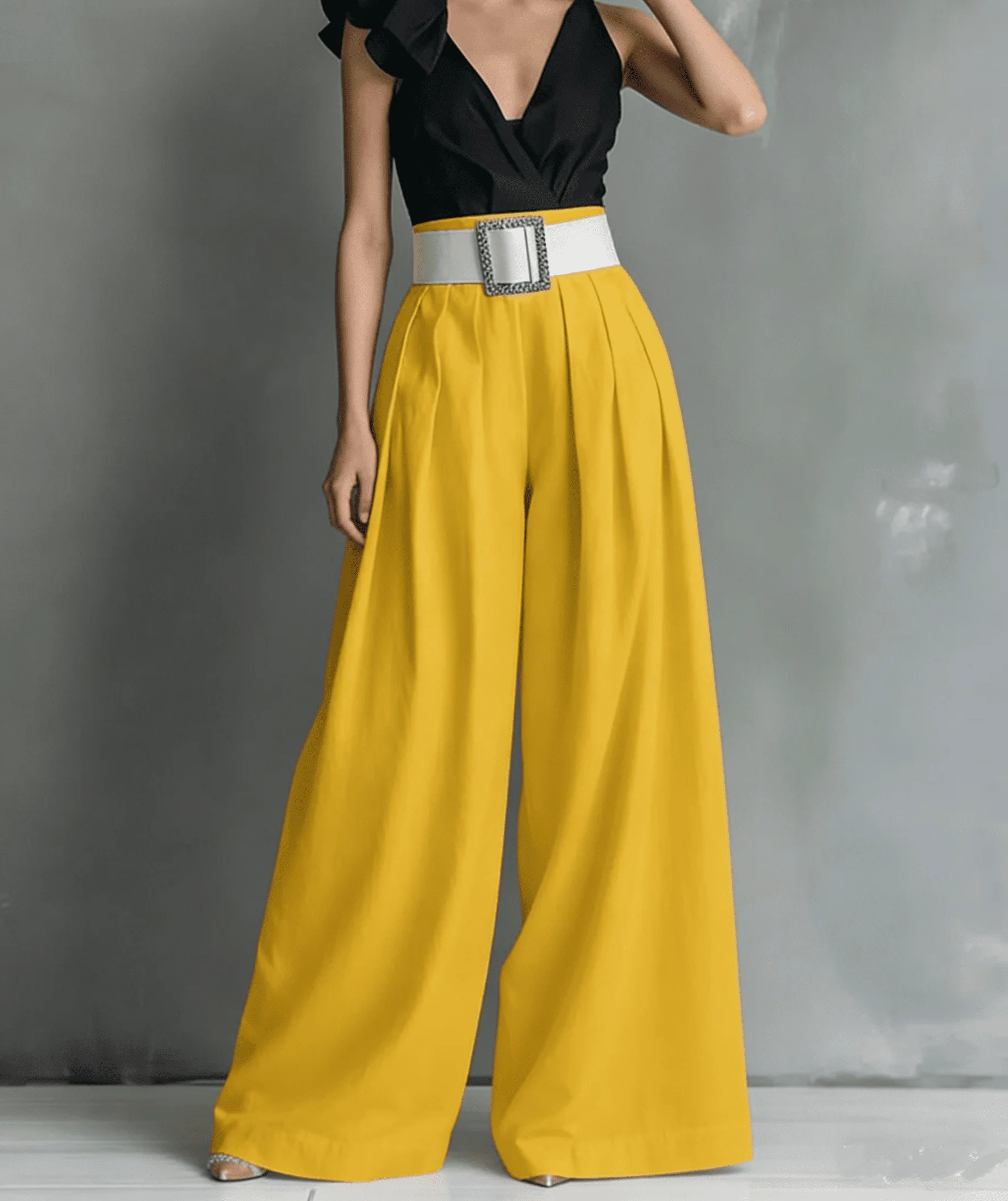Damen High-Waist Weite Hosen mit Quadratischem Schnallenverschluss, Plissierte Lose Lange Hosen für Büro, Abend und Party – Detail 24