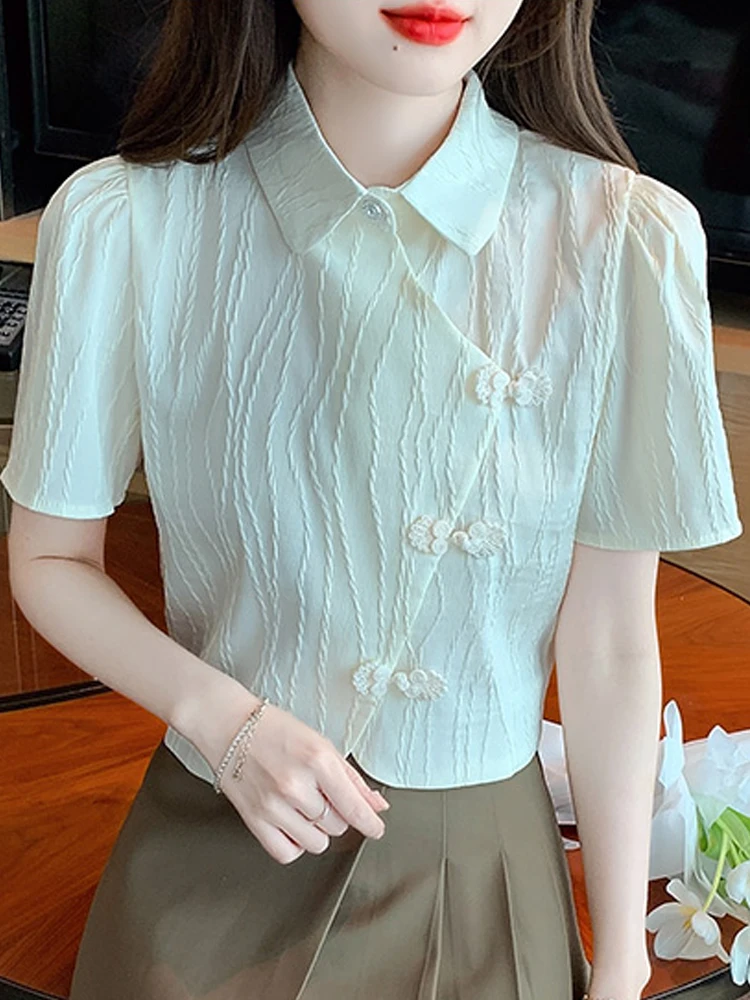 

Летняя блузка с отложным воротником из абрикосового шифона, рубашка, женские топы, модные женские блузки 2024, летняя блузка с коротким рукавом для женщин G612