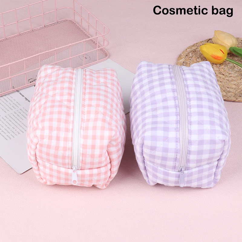 

Клетчатая Цветочная косметичка, вместительная портативная косметичка, хлопковая стеганая косметичка для ухода за кожей