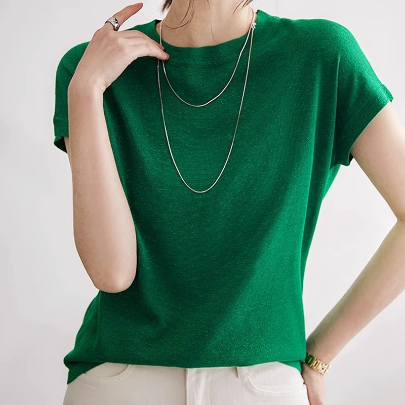

Summer Bright Knitted T-shirts Women Tees Korean Fashion All-Match Short Sleeve Tops O-Neck Solid Female Clothing