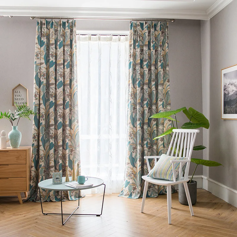 New Chinese Style Curtains for Living Room Cotton Linen Printed Cortina Banana Leaf Embroidered Tulle Curtain Blackout Curtains 2