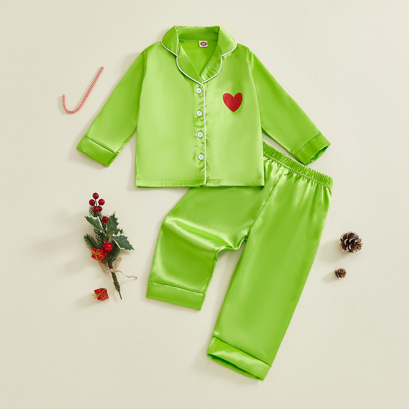 Children s Christmas Satin Pajama Set with Heart Print Long Sleeve Lapel Button Down Top and Pants Sleepwear for a Festive