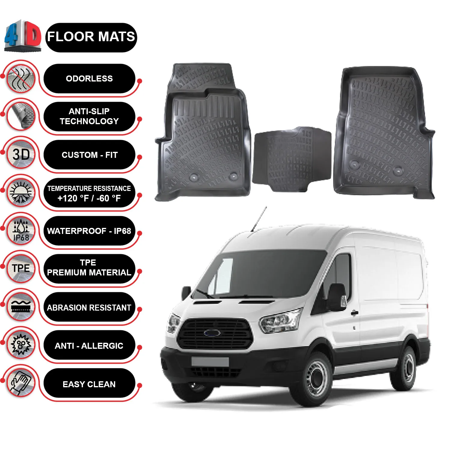 

Floor Mats Liner Waterproof 3D - (Black) Ford Transit - (2019-2022)