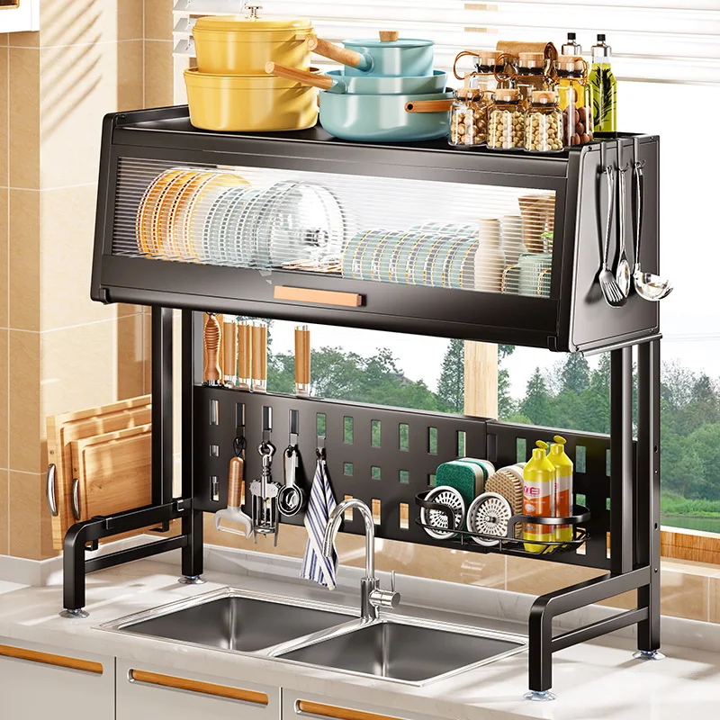 Kitchen Sink Shelf Table Top Retractable Dish Rack With Door Dish Storage  Rack Cupboard Locker Drain Rack Kitchen Organizer - Storage Holders & Racks  - AliExpress