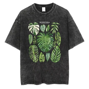 Monstera Leaves Graphic T-Shirt Washed Cotton Men Women Vintage Acid Wash Short Sleeve Retro Botanical Streetwear Tee