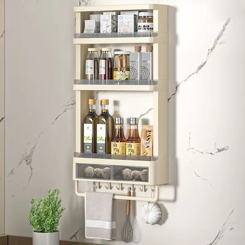 Wall Mounted Kitchen Organizer Shelf Spice Jars Seasoning Bottle Storage Rack With Tower Bar Hooks 2
