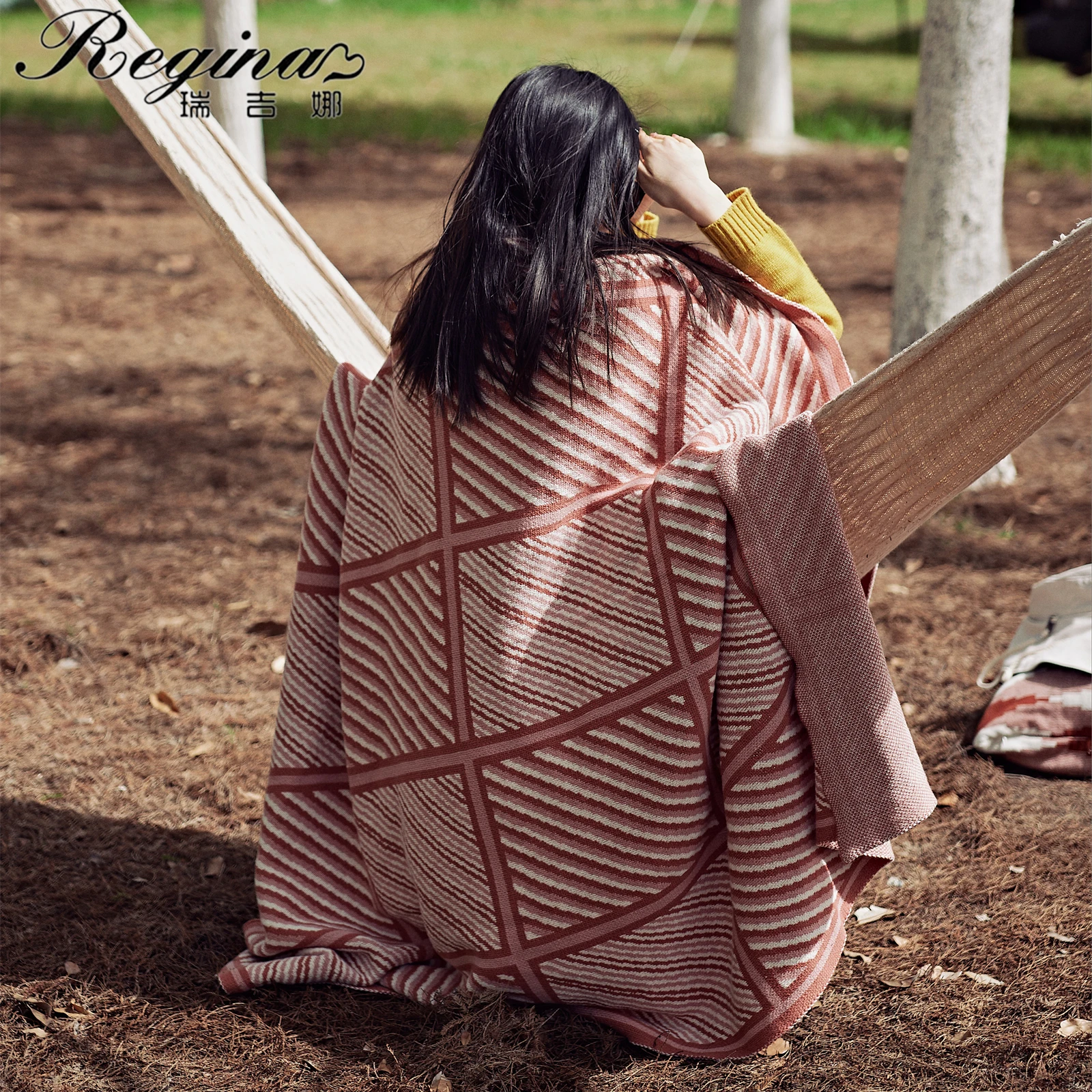 

REGINA Luxury Cotton Stripe Plaid Blanket Beige Pink Blue Elegnat Knitted Texture Blanket Outdoor Wearable Travel Picnic Blanket