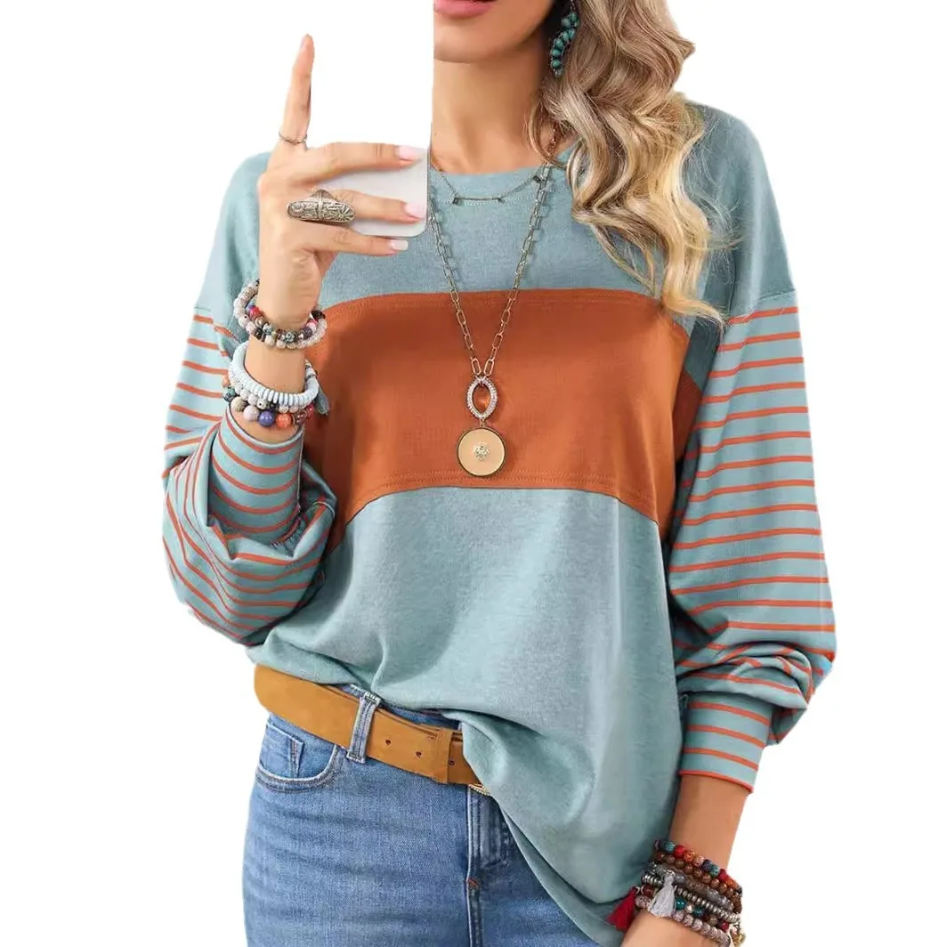 Women Striped Print Loose Pullover Long Sleeve T-shirt