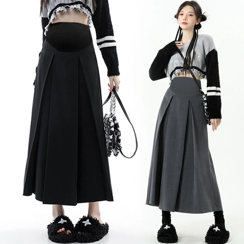 Q73446# Pregnancy Skirt Pleated Design Skirts Women Maxi Dress Plus Size High Waist Summer Mid-Long Midi Maternity S