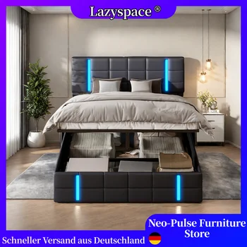 Letto imbottito in PU Lazyspace, struttura letto contenitore sollevabile, 2 porte USB + luce LED, mobili moderni per la camera da letto di casa 140/160x200 cm 1